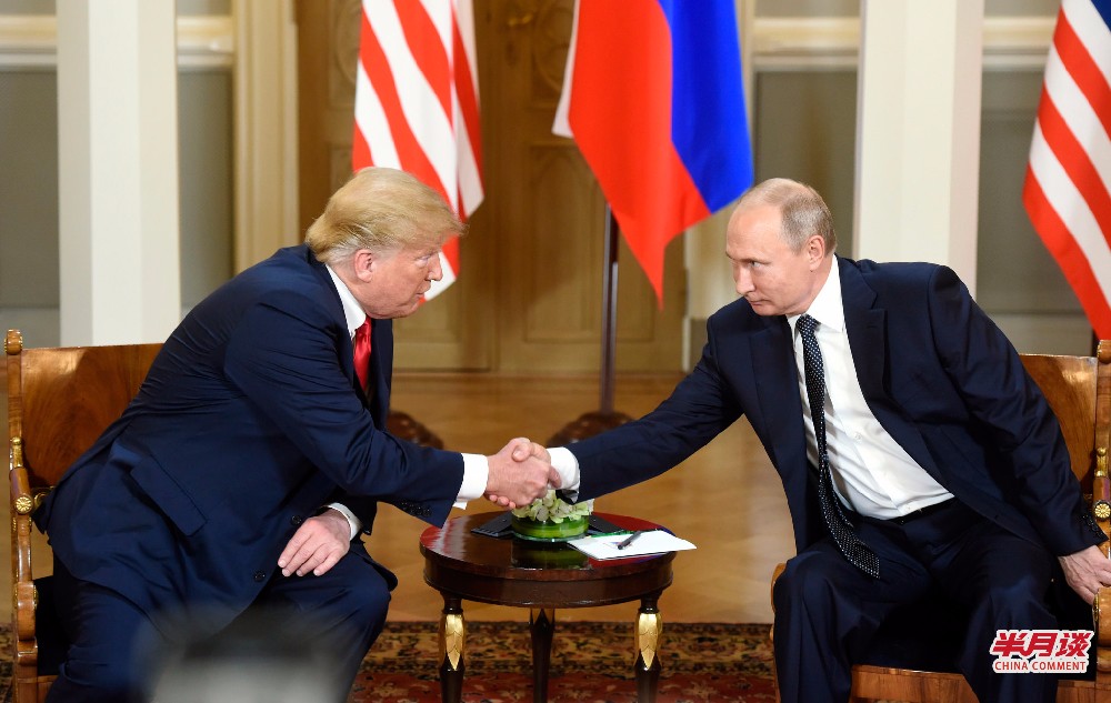 7月16日，美国总统特朗普（左）和俄罗斯总统普京在芬兰首都赫尔辛基举行会晤。这是特朗普就任美国总统以来，美俄两国总统首次举行正式会晤。新华社发（海基·绍科马摄）